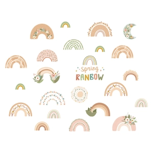 Boho style rainbow and floral wall stickers set in soft earthy tones for kids bedroom
