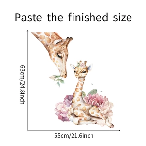 Detail of watercolor giraffe wall stickers showing adult and baby deer with pink flowers