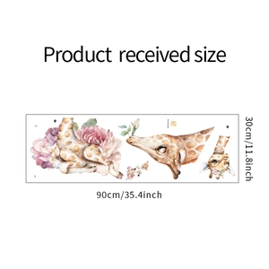 Flat lay of watercolor giraffe and pink floral wall decals in 30x90cm sheet format