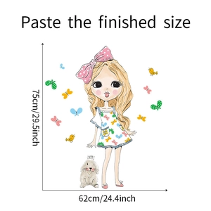 Detail view showing dimensions of cute girl and rabbit cartoon wall sticker for kids room