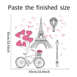 Detailed view of DIY wall stickers with Eiffel Tower bike and heart balloons patterns
