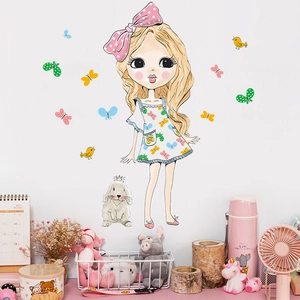 Cute cartoon girl wall sticker with rabbit and butterfly decals for kids' room decoration