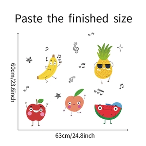 Detailed size guide for cartoon fruit wall stickers showing dimensions of 60x63 cm for kids room