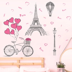 Paris themed Eiffel Tower wall decal with bicycle and pink hearts for bedroom decoration
