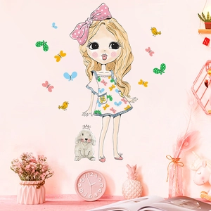 Cute Cartoon Girl With Pink Bow Bunny And Butterfly Wall Sticker PVC Removable DIY Wall Decal For Kids Room Bedroom Decor