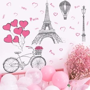 Romantic Paris Eiffel Tower Bicycle Heart Street Lamp Wall Sticker Pink PVC Hand Drawn Style Decor For Bedroom Living Room