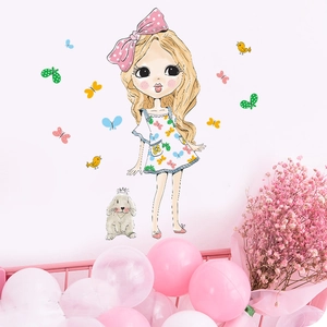 Cartoon girl and rabbit wall stickers for kids room with butterflies and bird decor