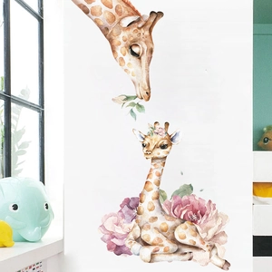 Watercolor mother and baby deer wall decals with floral accents for nursery bedroom decor