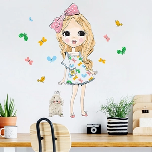 Cartoon girl and bunny wall stickers for kids room decor on a clean white background