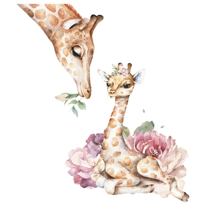 Watercolor mother and baby giraffe wall decals with blooming pink and purple flowers