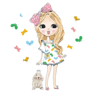 Cartoon wall sticker featuring a blonde girl with pink bow and rabbit for kids room