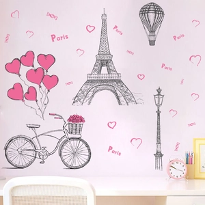 Paris Eiffel Tower and bicycle wall sticker set for bedroom wall decor with heart patterns