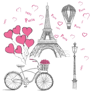 Paris themed Eiffel Tower and pink bicycle wall stickers for bedroom decoration