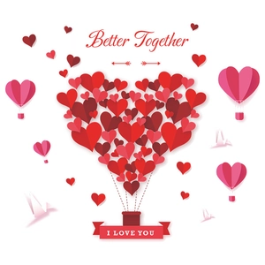Romantic hot air balloon wall sticker made of layered hearts with Better Together text