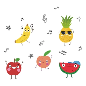 Cute cartoon fruit wall stickers featuring dancing banana, apple, and pineapple for kids' room