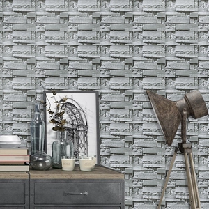 3D grey faux stone brick wallpaper with realistic slate texture for modern living room walls
