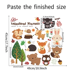 Détails des stickers muraux animaux de la forêt avec dimensions du renard et des arbres