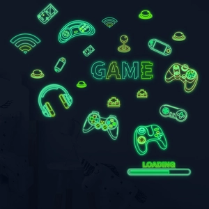Glow-in-the-dark retro game controller wall stickers with green fluorescent game loading sign