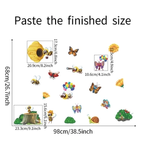 Size chart for honeybee and flower wall decals showing 98x68 cm finished dimensions