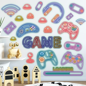Detail of neon-style game controller wall decals on a minimalist white room wall