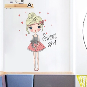Sticker mural Sweet Girl pour chambre d'enfant avec fille blonde et cœurs roses