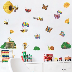 Cartoon bee and flower wall stickers set for children room decoration, easy peel PVC