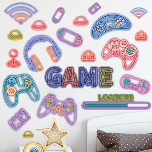 Neon style gaming wall stickers featuring gamepads and headsets for bedroom decor