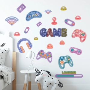 Glow-in-the-dark neon game controller and headphone wall stickers for gaming room decor