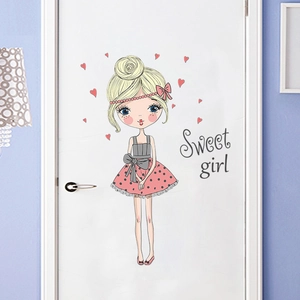 Sticker mural Sweet Girl avec robe rose à pois pour décoration de porte de chambre