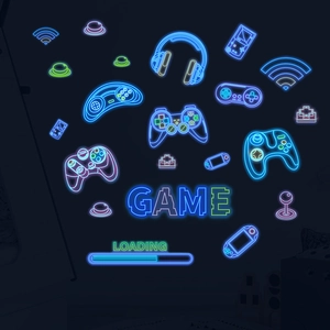 Luminous game controller wall decals with neon blue gaming headset and loading bar graphics