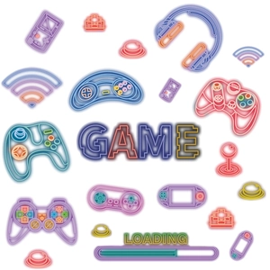 Glow-in-the-dark neon game controller wall stickers including headsets and loading bars