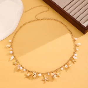 Golden vintage ocean waist chain with seashells, sea stars and white pearls