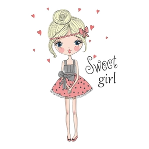 Sticker mural Sweet Girl avec robe à pois et chignon doré sur un fond blanc épuré