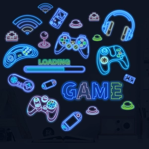Luminous punk style gaming wall stickers with neon gamepads and headsets decor