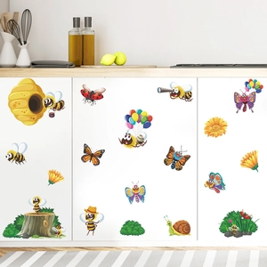 Cartoon bee and flower wall stickers set for children room and home cabinet decoration
