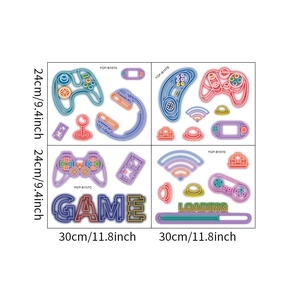 Detailed four-panel glowing gaming wall stickers with controllers and loading bars