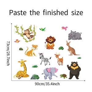 Maßtabelle mit Abmessungen von 90x73cm für Kinder-Wandaufkleber mit bunten Dschungeltieren