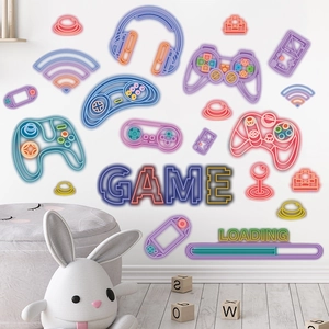 Neon game controller wall decals set featuring headphones and glowing game theme designs