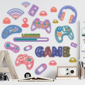 Luminous neon gaming wall decals featuring retro controllers and game loading icons