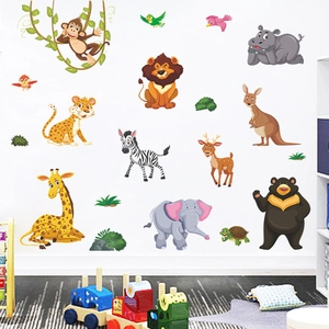 Bunte Wandtattoo Safaritiere mit Giraffe Elefant und Löwe für Kinderzimmer Dekoration