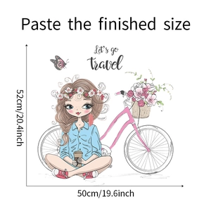 Detailansicht der Wandtattoo-Maße mit Mädchen auf einem rosa Vintage-Fahrrad