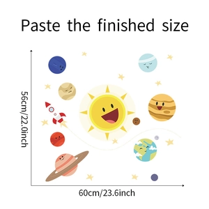 Space rocket and cartoon planet wall decal set showing layout dimensions for kids bedroom