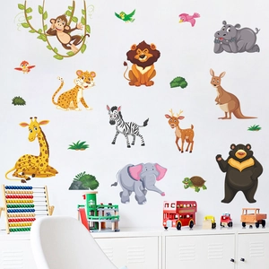 Cartoon Dschungeltiere Wandtattoo Für Kinderzimmer Kindergarten PVC Abnehmbar Selbstklebend Affe Elefant Giraffe Dekor