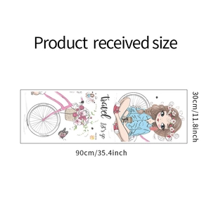Detailansicht Wandaufkleber Mädchen mit Fahrrad inklusive Maße 30x90cm und Blumenmotiven