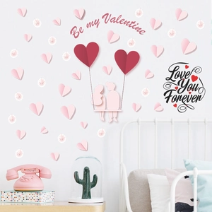 Romantic bedroom wall stickers with couple silhouette and 3D heart decorations