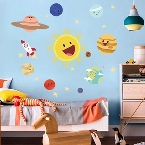 Cartoon solar system and rocket wall stickers for kids bedroom space decor