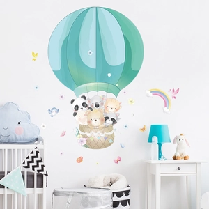 Panda and animals hot air balloon wall sticker with rainbow for nursery room decor