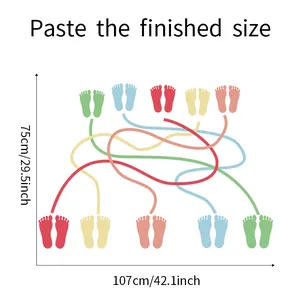 Size guide for colorful footprint wall decals showing 107x75cm dimensions for classroom decor