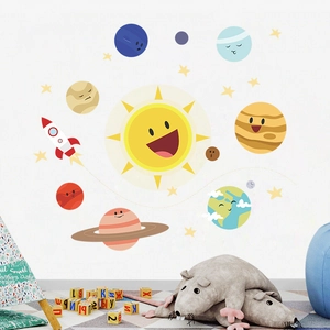 Cartoon solar system and rocket wall stickers set for kids bedroom decor with cute planets