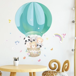 Cartoon panda and animals in a hot air balloon wall sticker for nursery decor